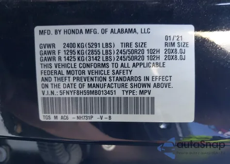 2021 Honda Passport Awd Ex-L from USA, damaged, VIN 5FNYF8H59MB013451